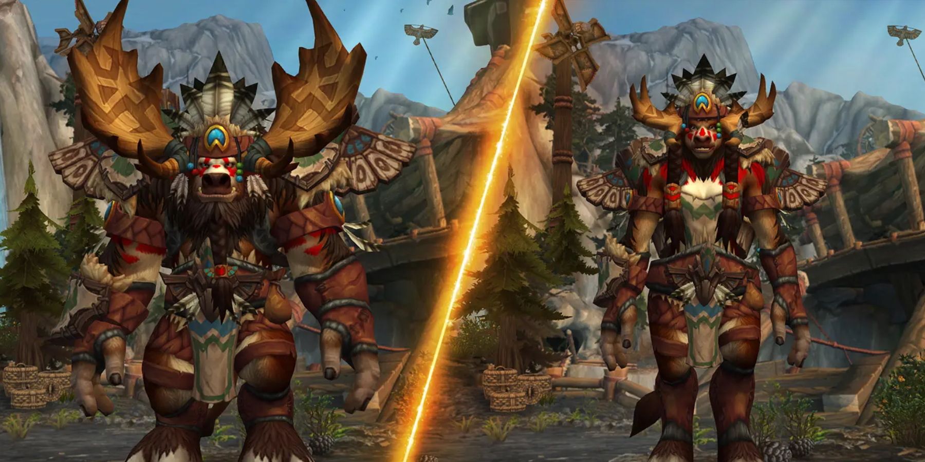 Male and female Highmountain Tauren in World of Warcraft.