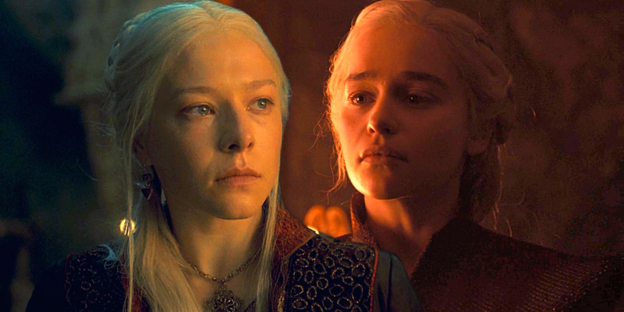 Emma D'Arcy como Rhaenyra Targaryen em House of the Dragon e Emilia Clarke como Daenerys Targaryen em Game of Thrones