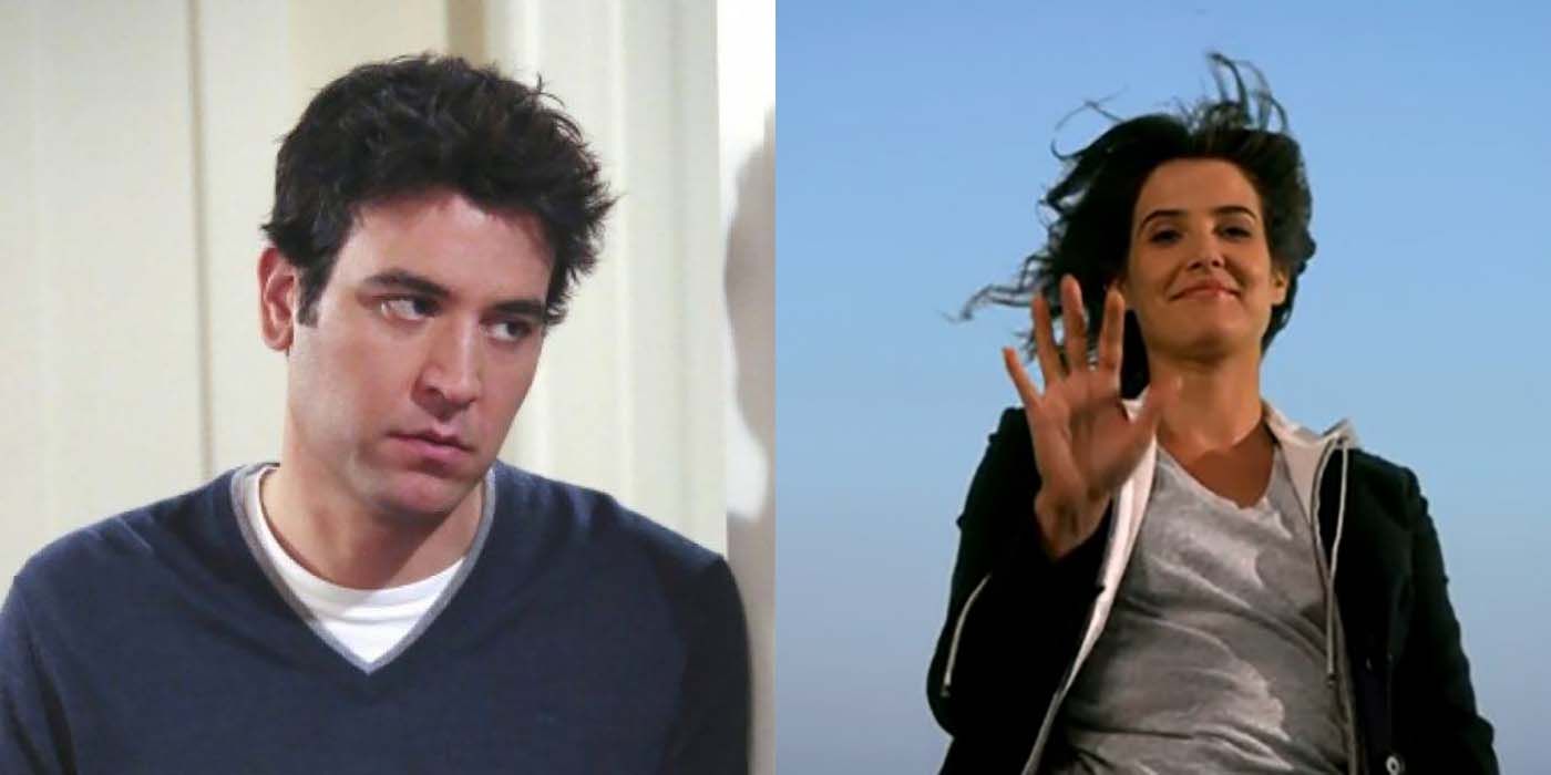 Split image of Ted looking annoyed and Robin levitating in the air in scenes from How I Met Your Mother.