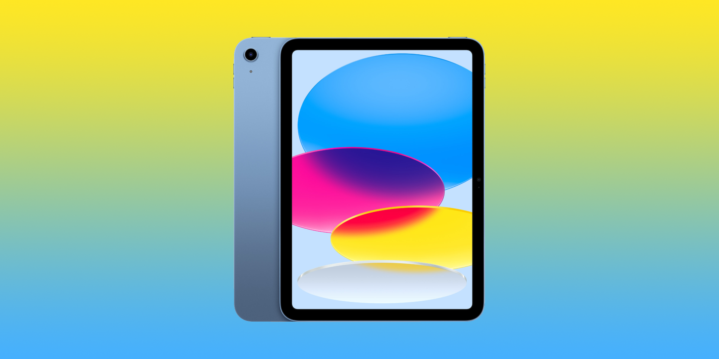 iPad 10 (2022) on a blue and yellow background.