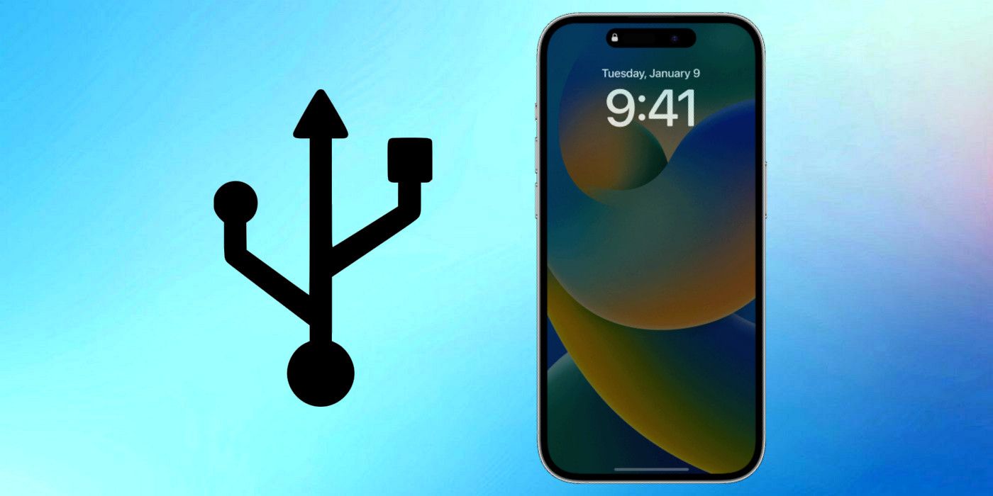 iPhone 14 Pro with USB logo on custom background