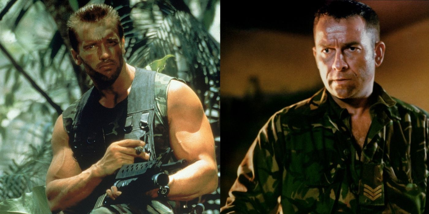 Dutch holds a gun and cigar in Predator and Wells stands at attention in Dog Soldiers