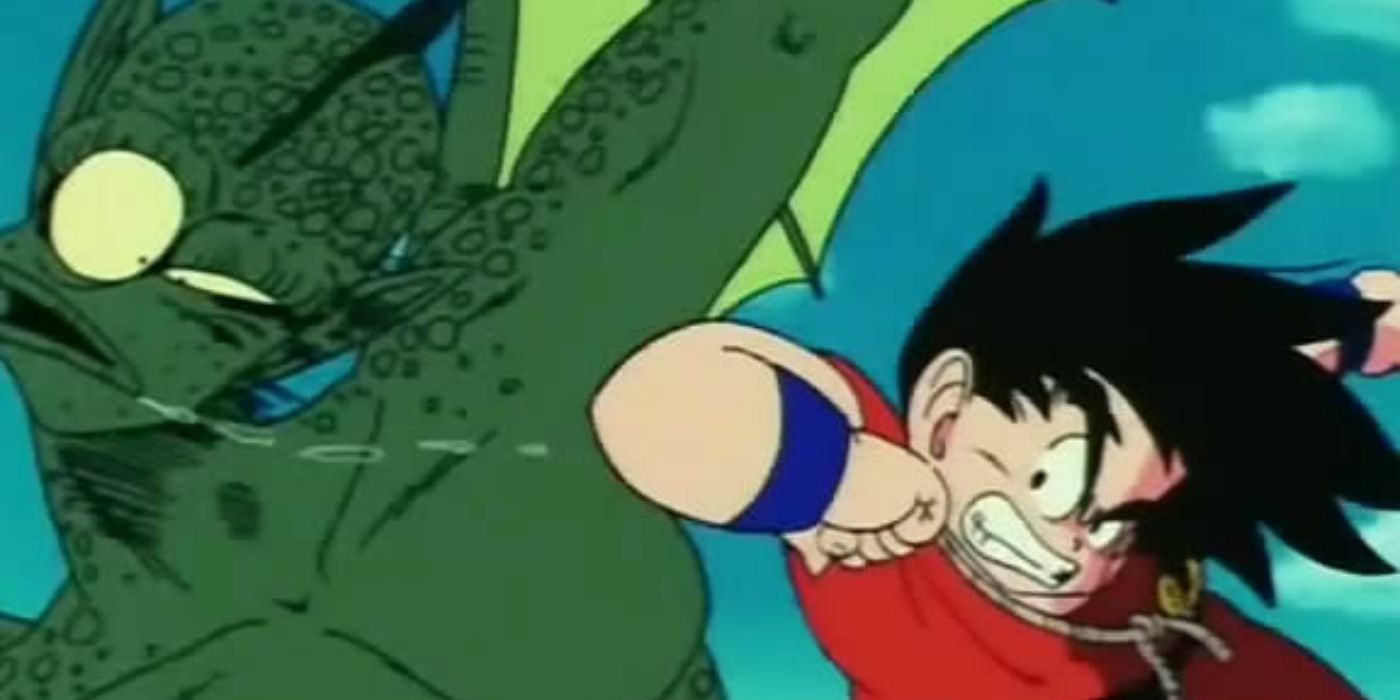 Goku dando uma cotovelada na cara de Tambourine - Dragon Ball.