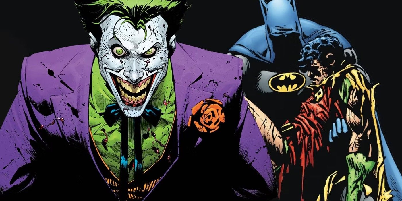 Comic book art: the Joker smiling while Batman holds a dead Robin.