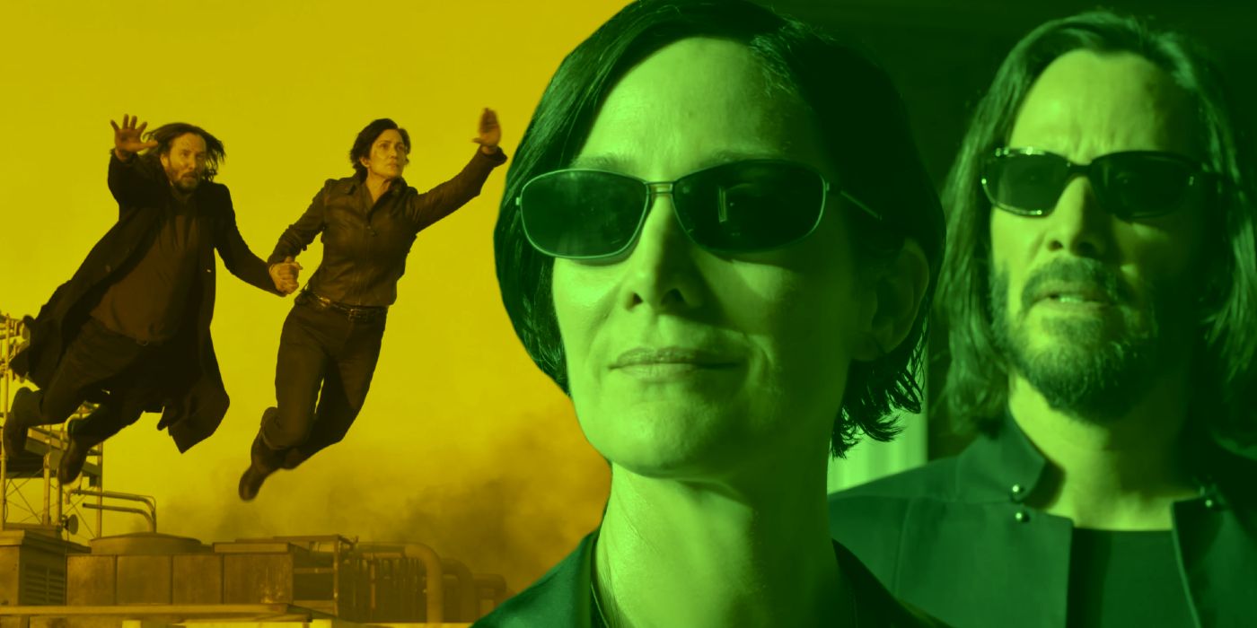 Neo (Keanu Reeves) and Trinity (Carrie-Anne Moss) in The Matrix Resurrections.