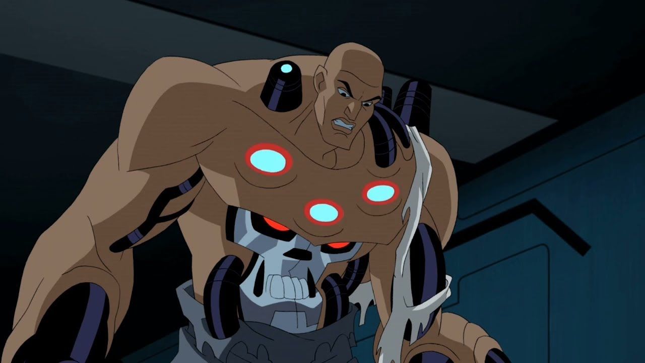 An engorged Lex Luthor with machinery sprouting from his limbs and back and Brainiac's face in his stomach in Justice League.