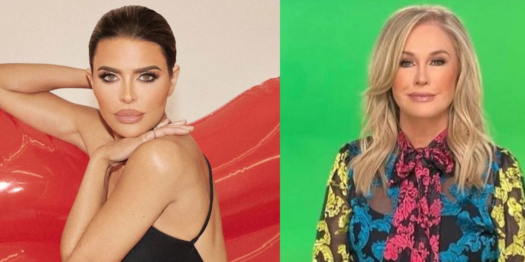 Split image of Lisa Rinna with a glam shot and Kathy Hilton wearing a blouse from RHOBH
