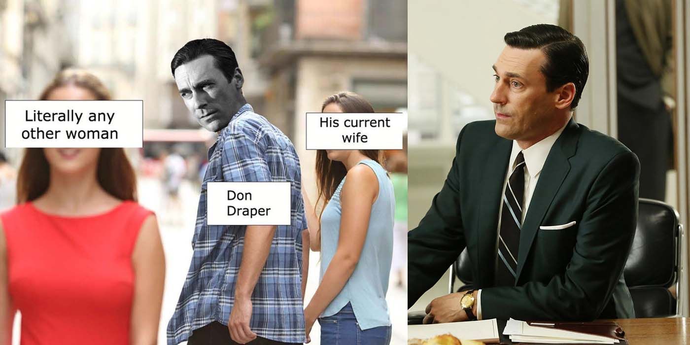 Split image of a meme about Mad Men and Don Draper from the show in a suit.