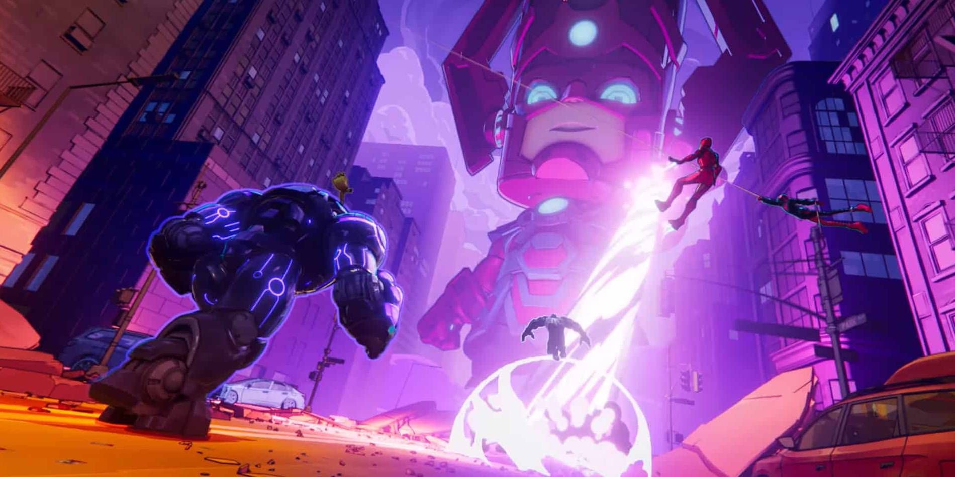 Marvel SNAP Cinematic Trailer Screenshot Fighting Galactus with Iron Man, Venom, and Other Heroes