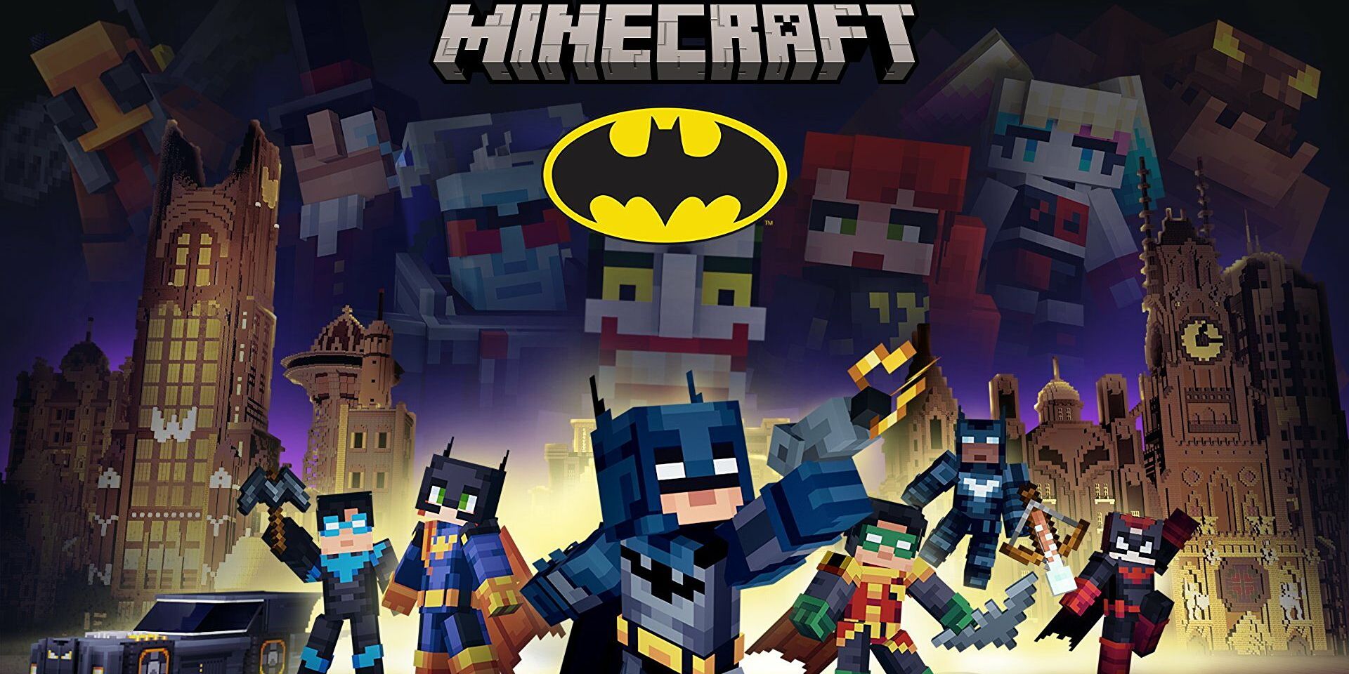 Promotional artwork for the Minecraft Batman DLC featuring all the Batman characters and buildings in minecraft block style