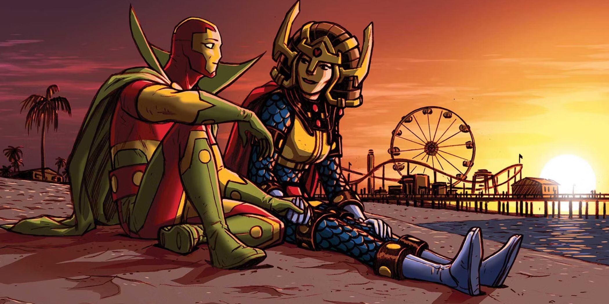 DC's Mister Miracle and Big Barda sitting on a beach talking with an amusement park with ferris wheel and roller coaster in the background while the sun sets