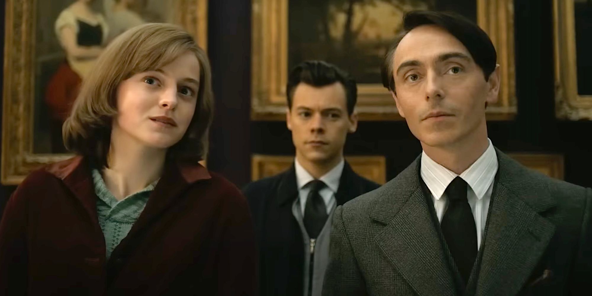 Emma Corrin and David Dawson in My Policeman with Harry Styles in the background