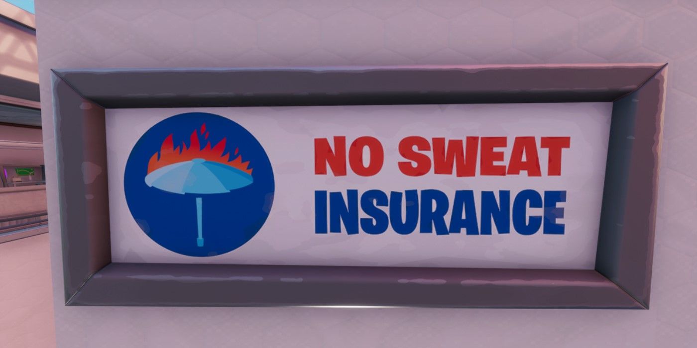 Uma foto da placa do No Sweat Insurance em Fortnite