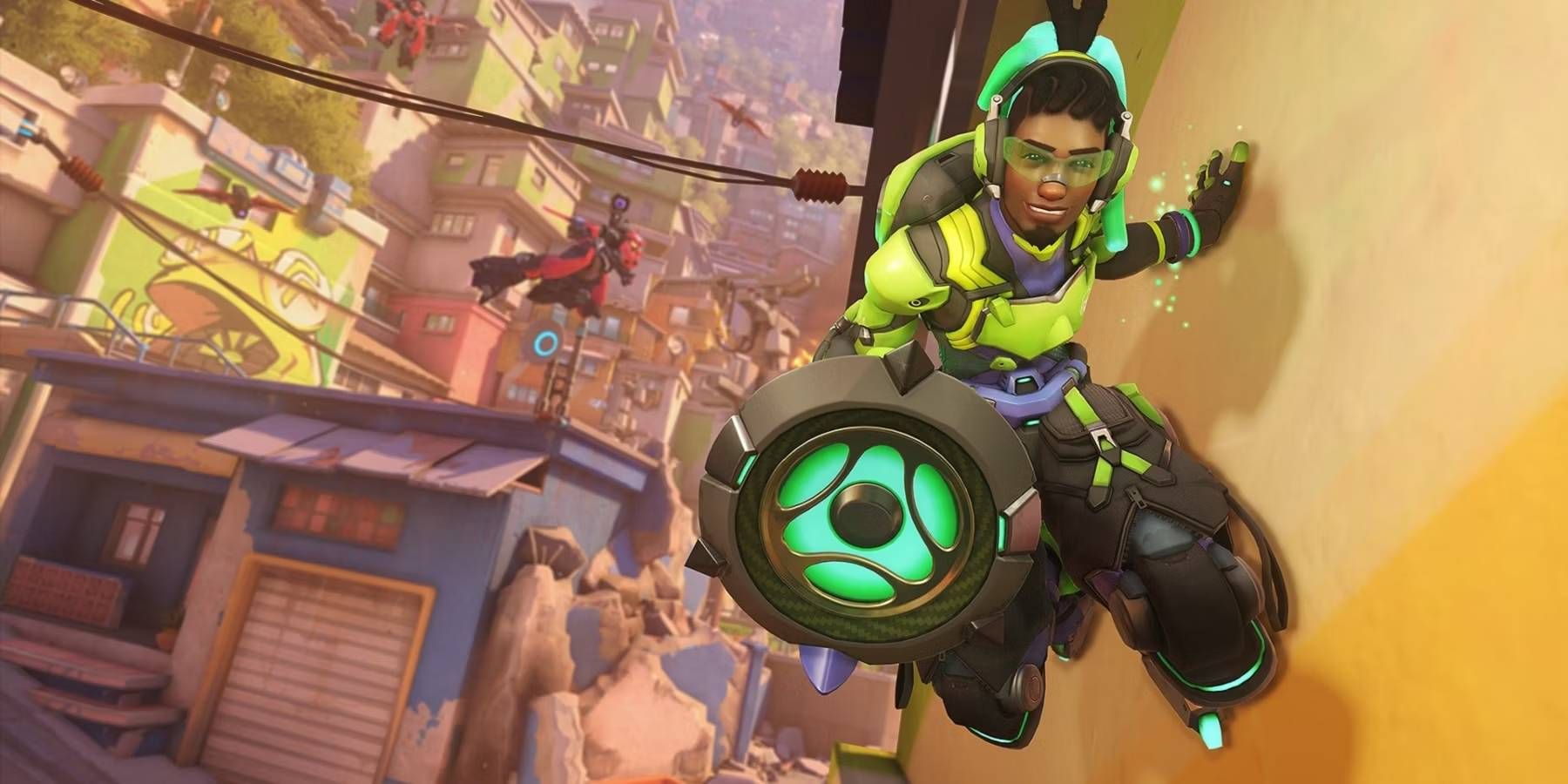 Overwatch 2 Lucio Using Wall Ride Ability Through Skates on Feet While Gun Points at Camera On Deathmatch Map 