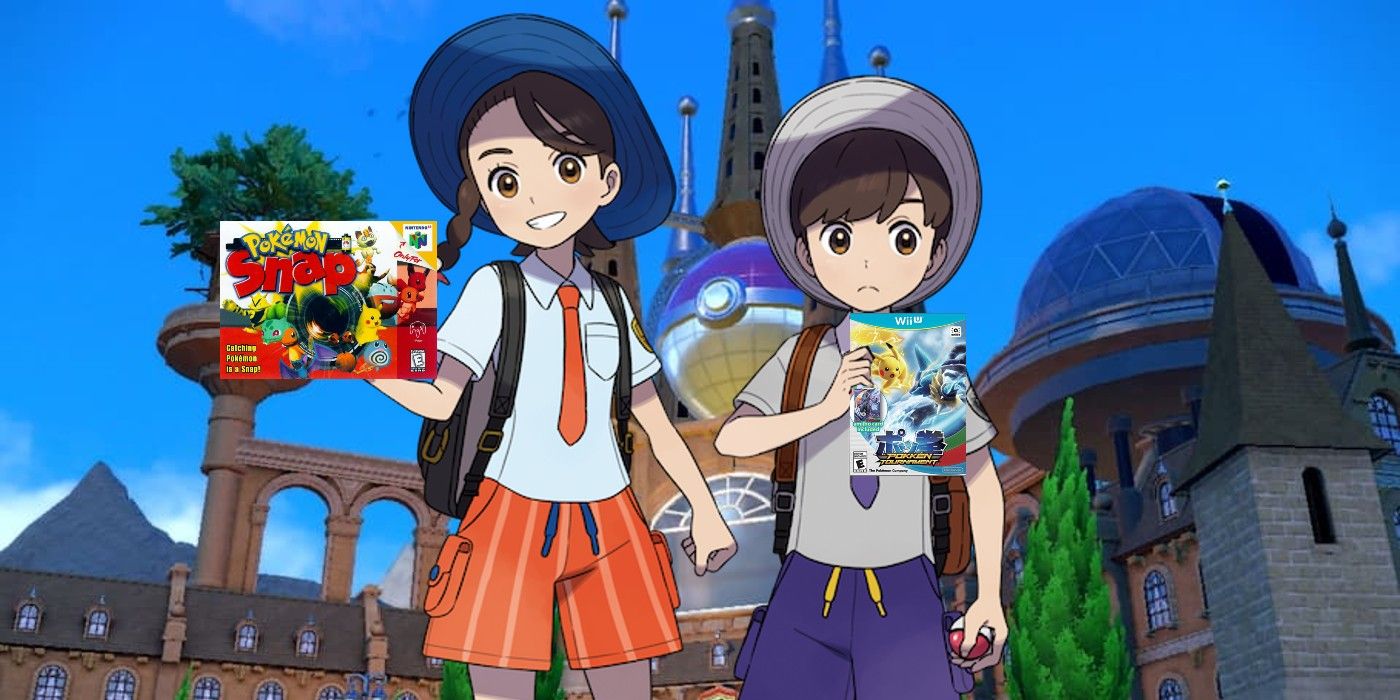 Pokémon Scarlet and Violet protagonists holding copies of Pokémon Snap and Pokkén Tournament.