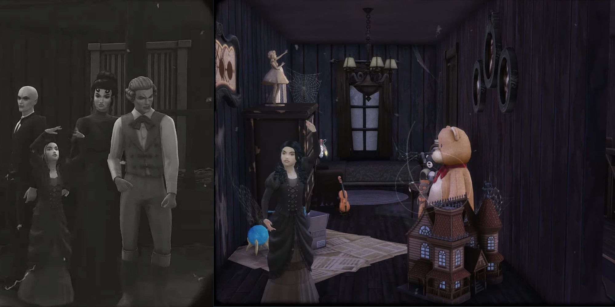 A screenshot from The Sims 4 that has been designed around a haunted dollhouse from the movie Sinister.