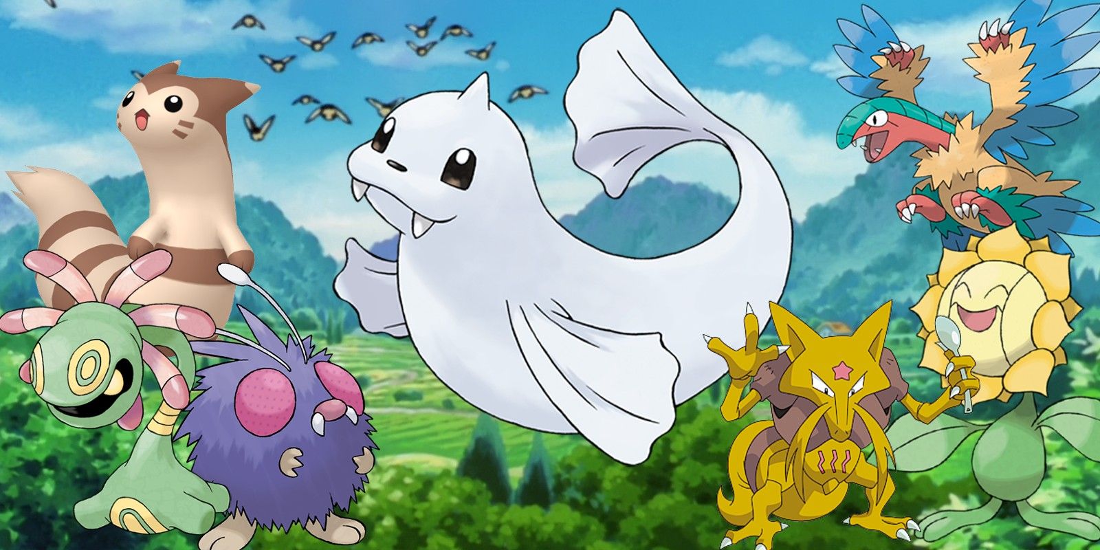 A montage of different Pokémon atop a landscape from the Pokémon world. From left to right - Furret, Venonat, Cradily, Dewgong, Archeops, Sunflora, and Kadabra