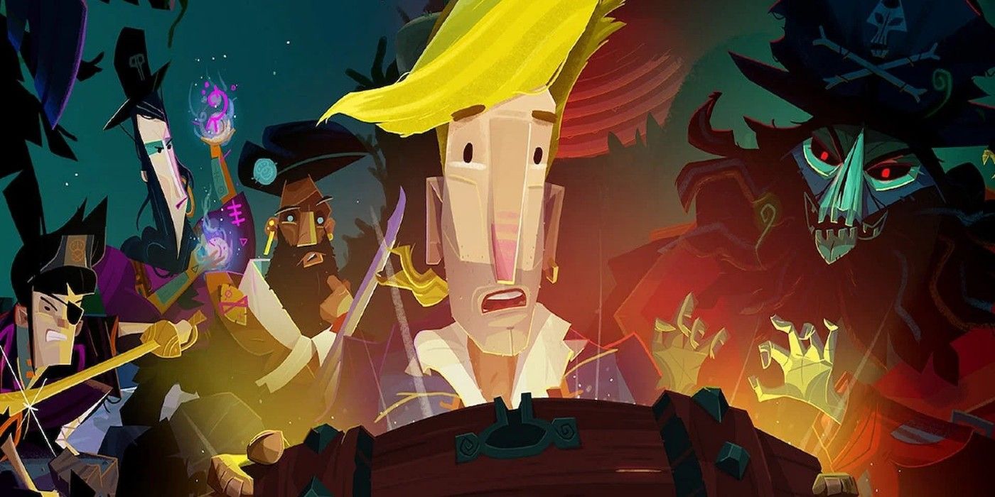 Pirates watch as a man opens a treasure chest from Return to Monkey Island