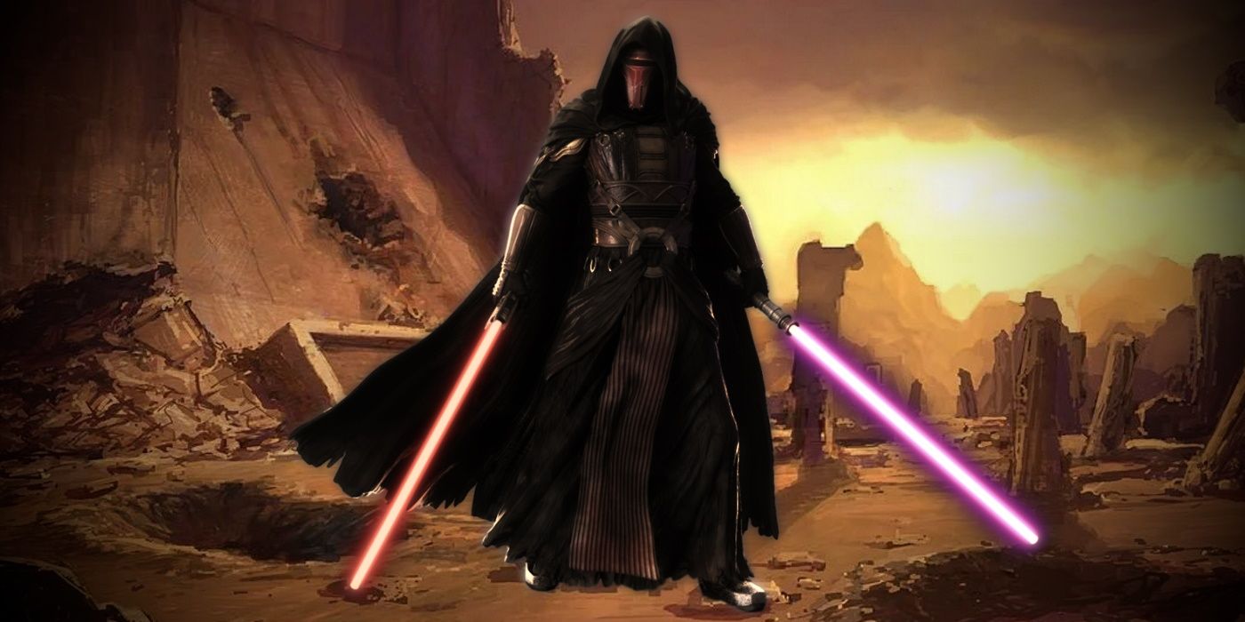 Darth Revan com sabres de luz duelo no planeta Korriban