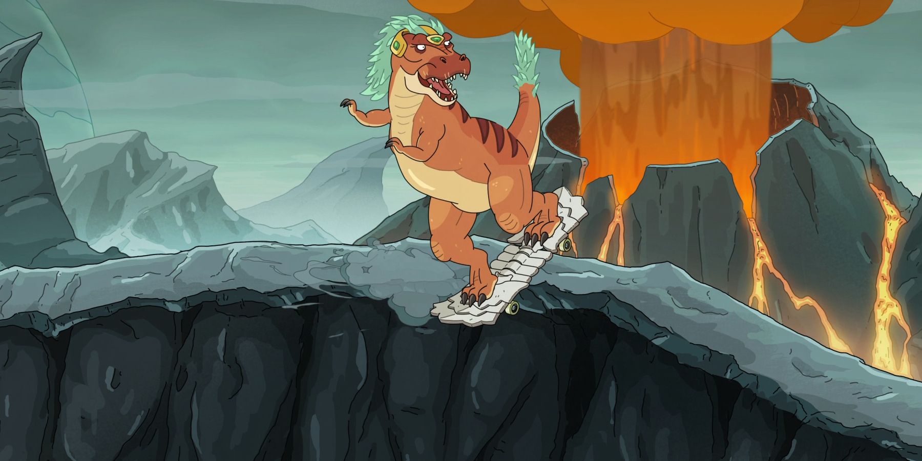 Um dinossauro skatista na 6ª temporada de Rick e Morty, episódio 6
