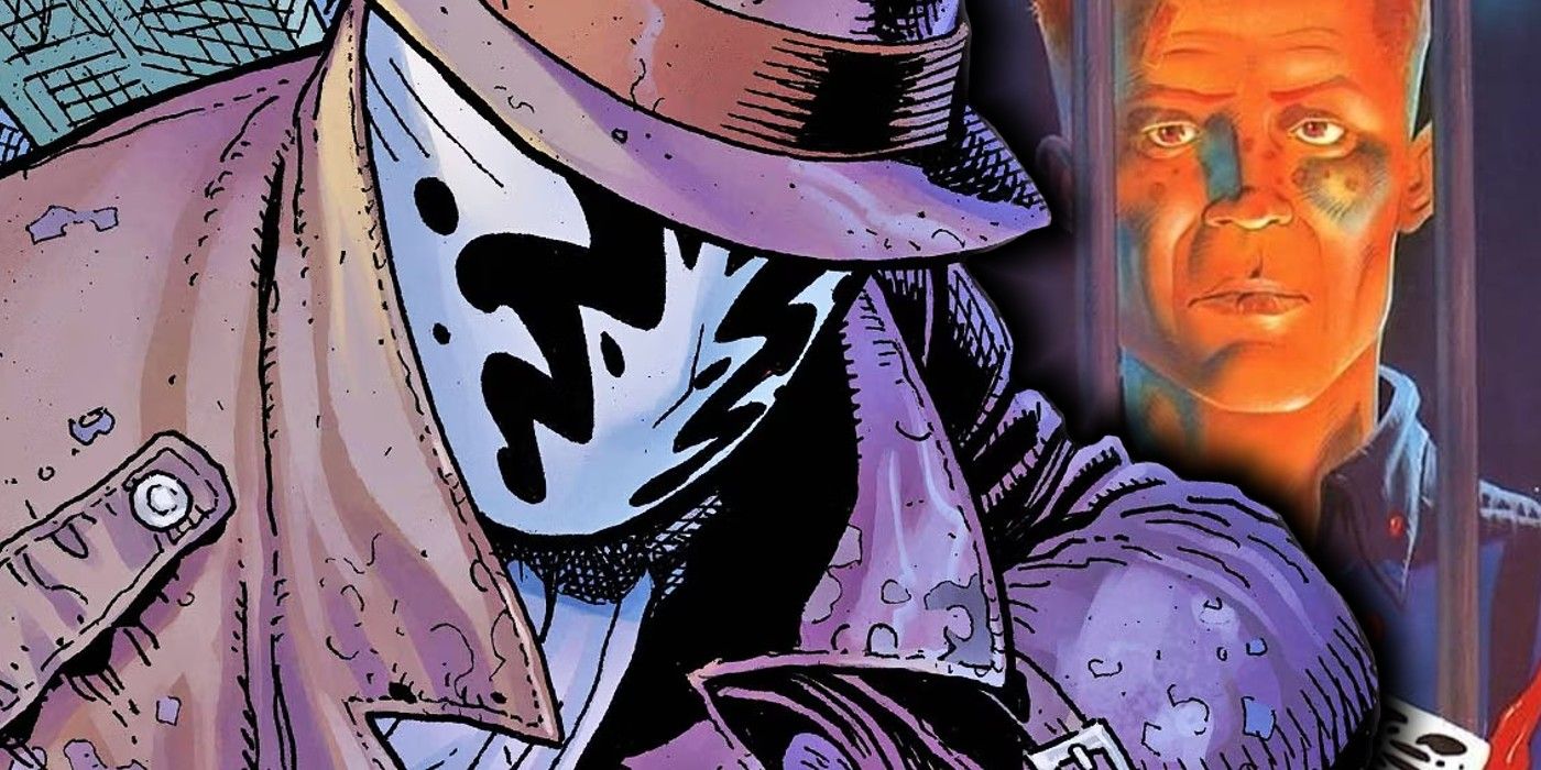Watchmen, Rorschach masked (left); and unmasked behind bars in prison (right)