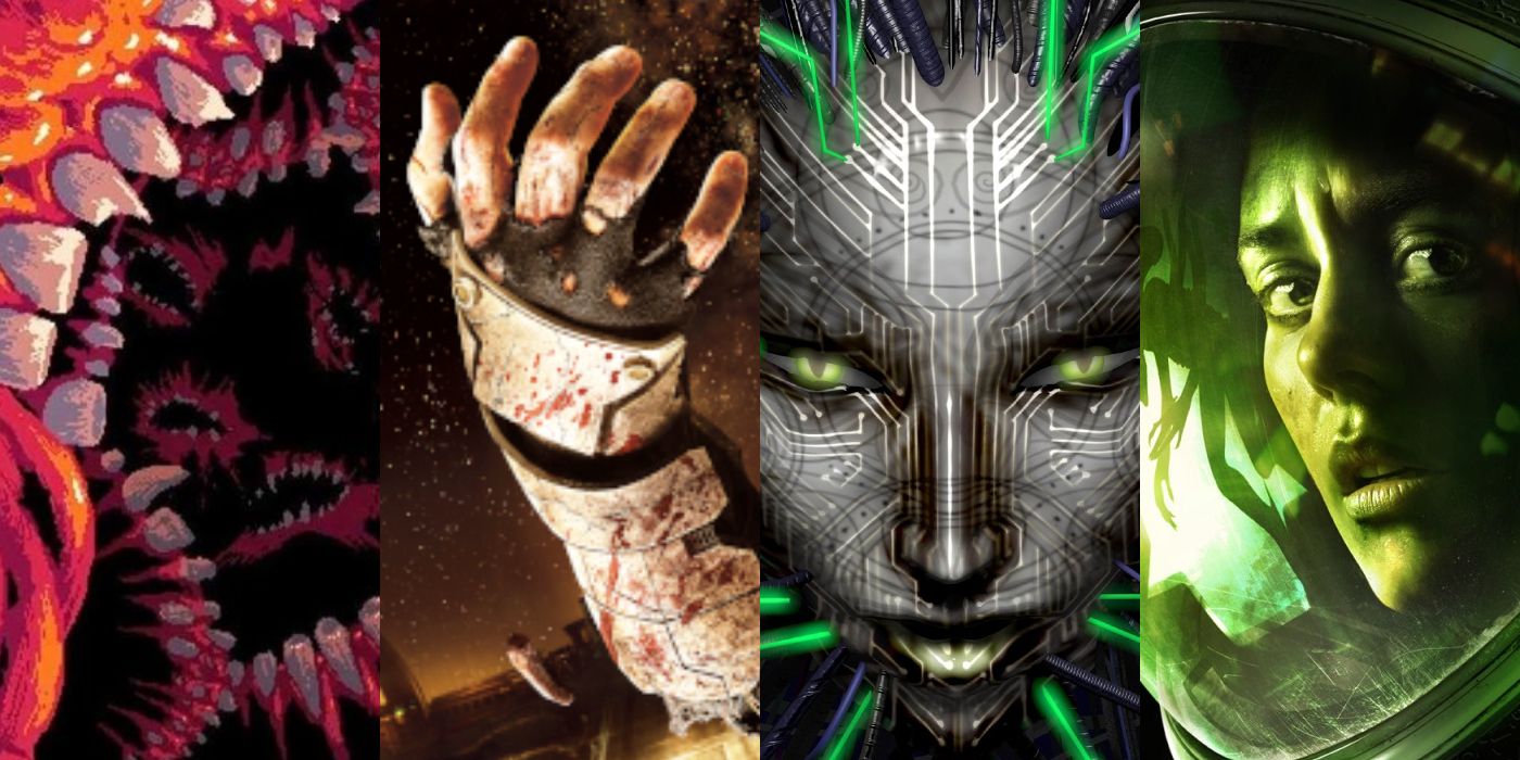 A collage of the cover arts for Carrion, Dead Space, System Shock 2, and Alien: Isolation.
