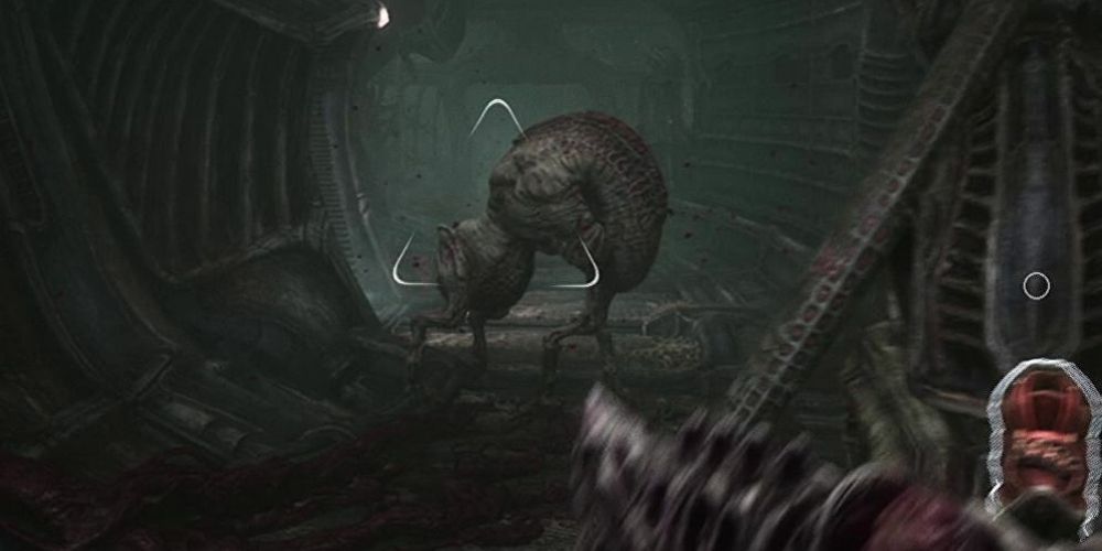 A player aims at a chicken in Scorn