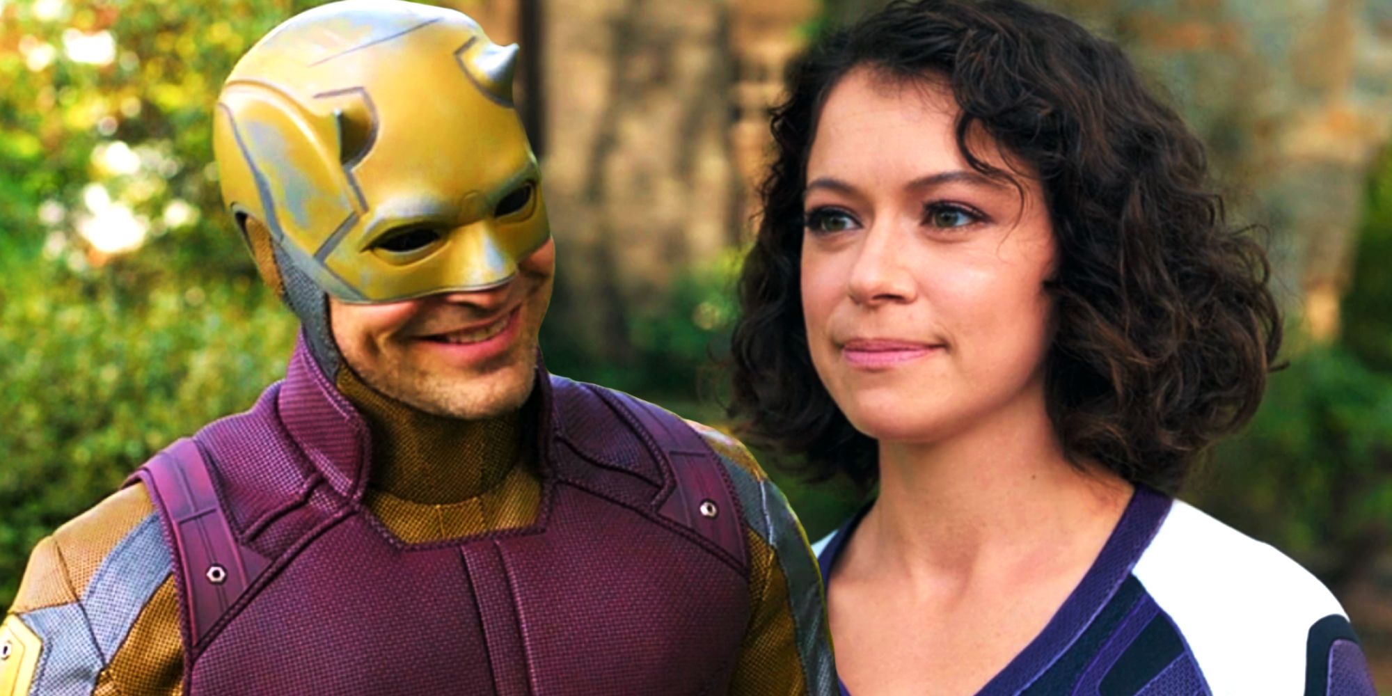 Charlie Cox as Daredevil and Tatiana Maslany as Jen Walters in She-Hulk: Attorney at Law