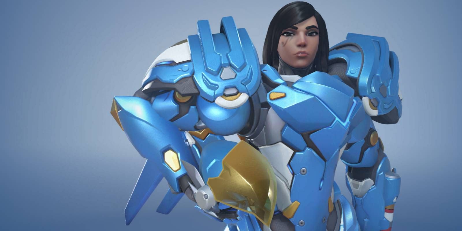 Overwatch 2 Pharah New Design Staring at Camera Character Select Screenshot with Blue Background