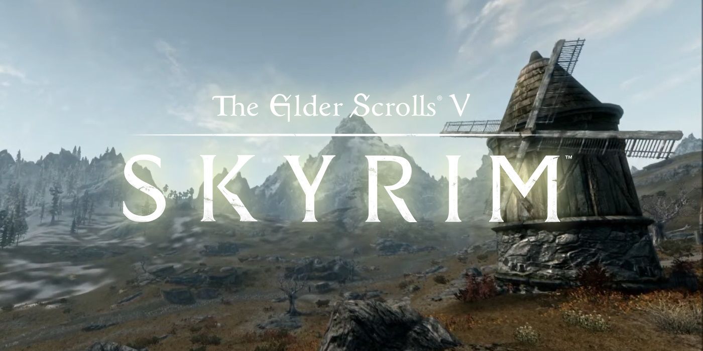 Skyrim logo over still of Whiterun hold windmill.