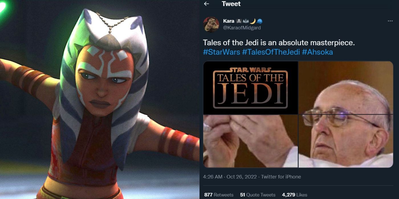 split image of Ahsoka in Tales of Jedi and reaction tweet