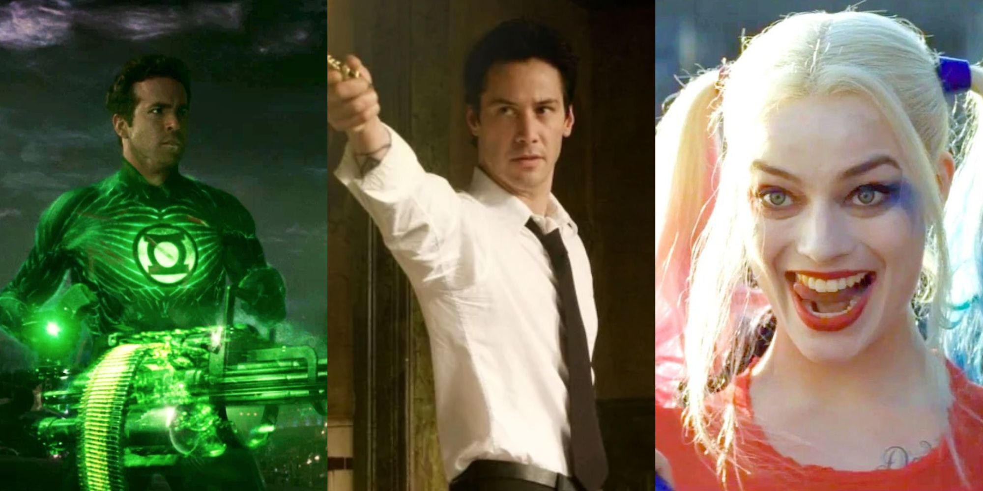 split image of Green Lantern, Constantine and Harley Quinn feature