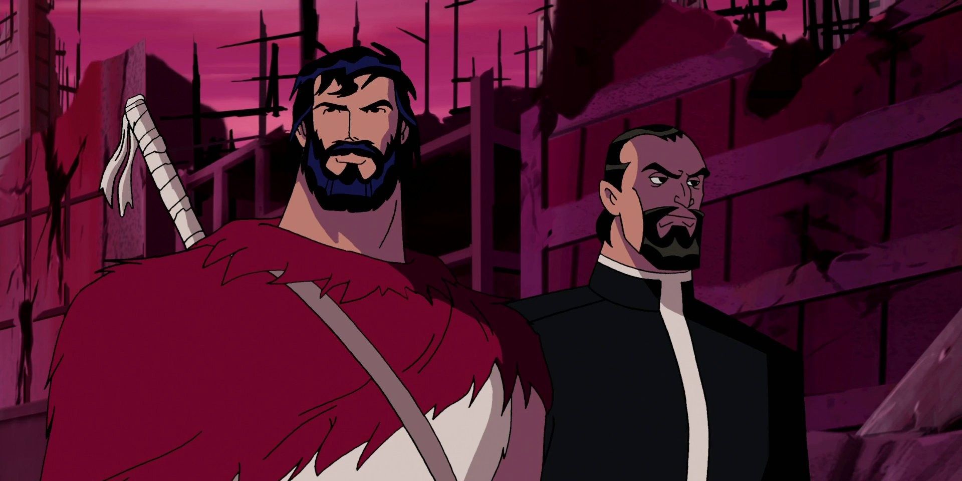 A disheveled Superman and Vandal Savage walk through a destroyed city in Justice League.