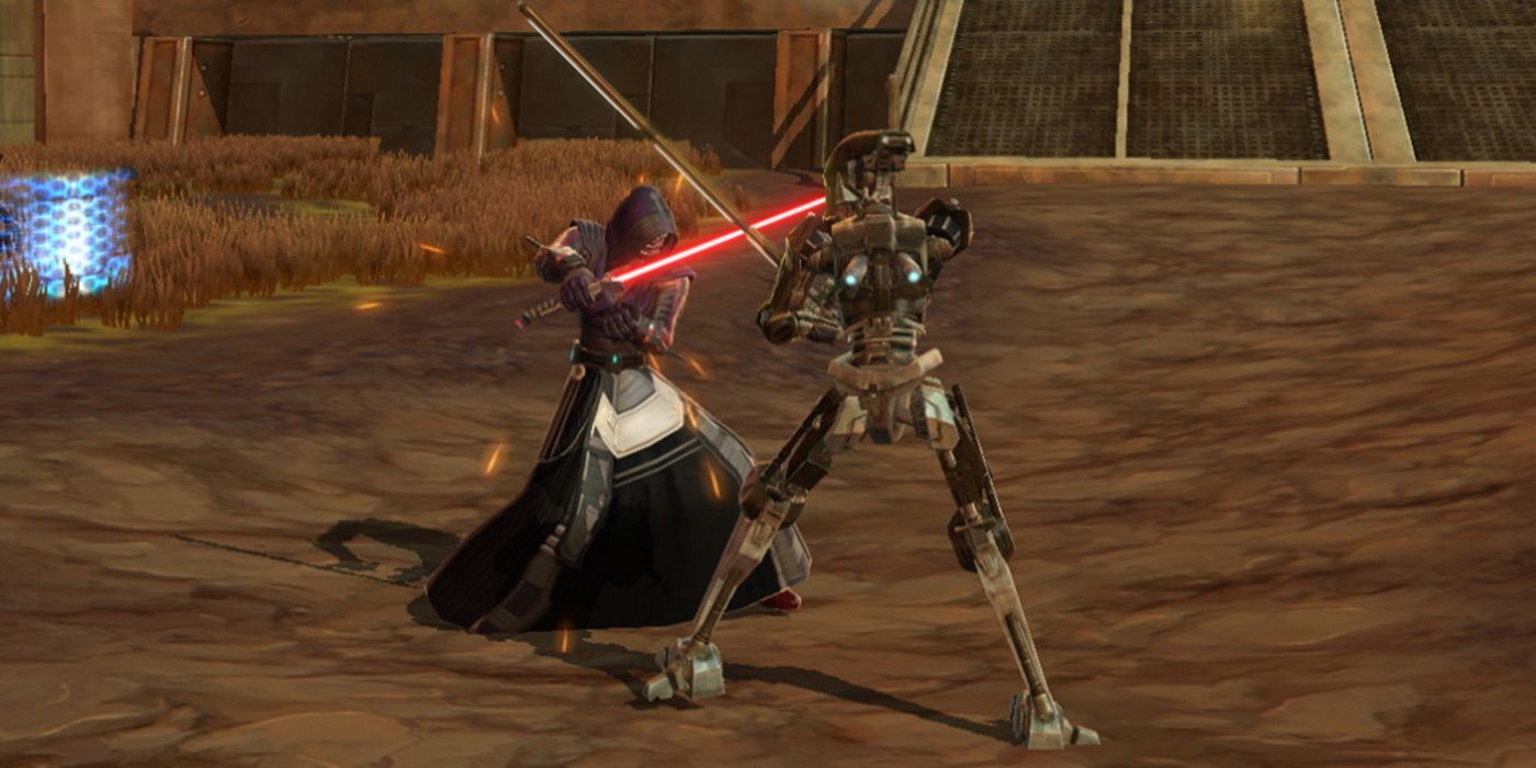 An image of Star Wars: The Old Republic where a Sith Inquisitor fights a droid