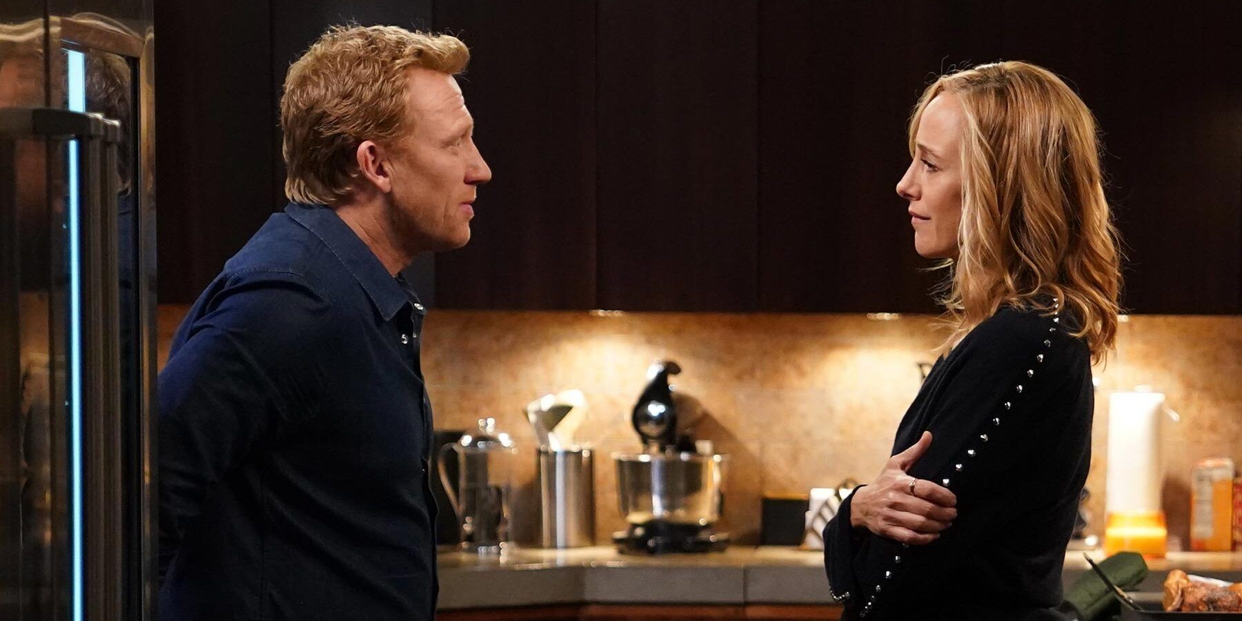 Kim Raver As Teddy Altman And Kevin McKidd As Owen Hunt In Grey&rsquo;s Anatomy talking in a kitchen