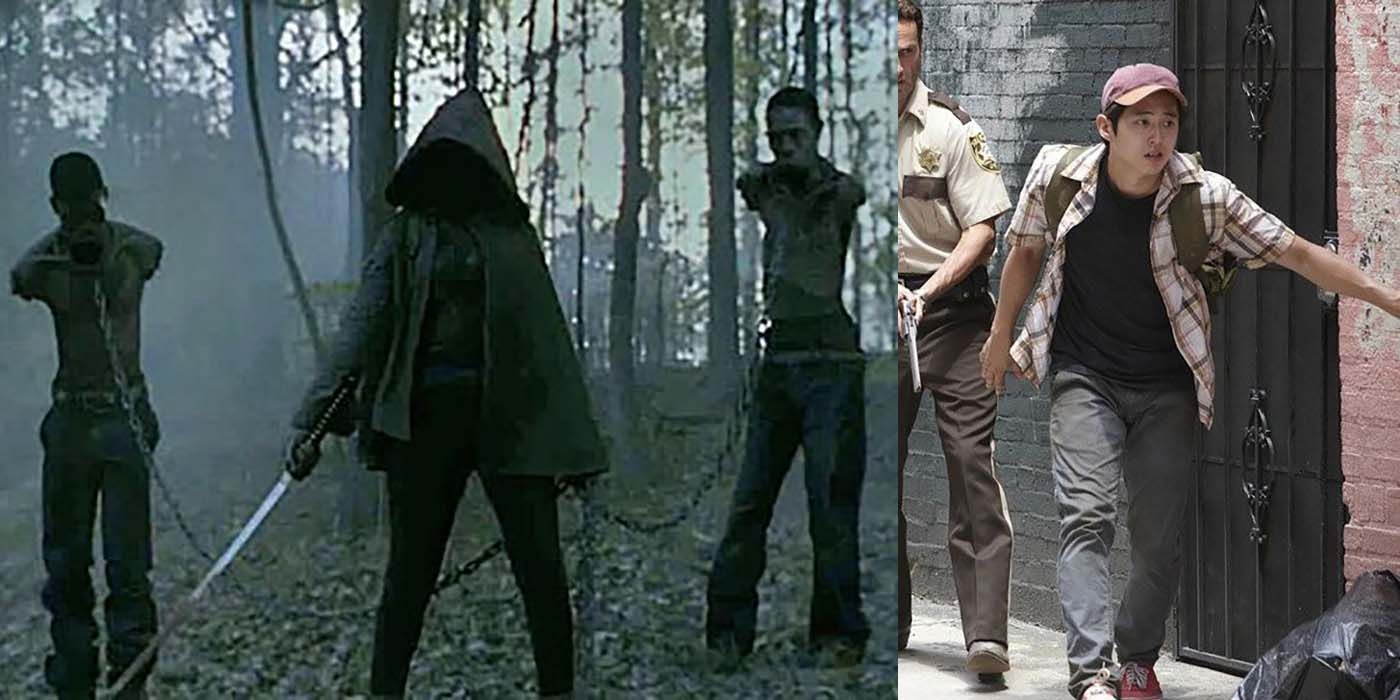 Split image of Michonne in the dark and her walker pets and Glenn in season 1 from The Walking Dead.