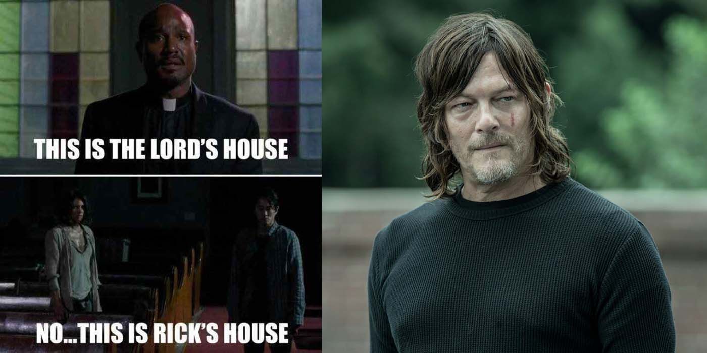 Split image of a meme about The Walking Dead and Daryl Dixon.