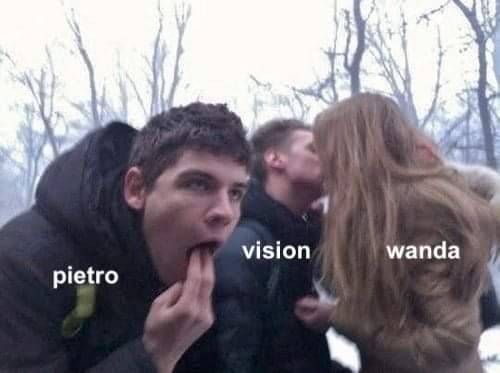 Image of two people making out and someone in front of them gagging, with text added over the top, indicating the couple is Vision and Wanda and the person gagging is Pietro