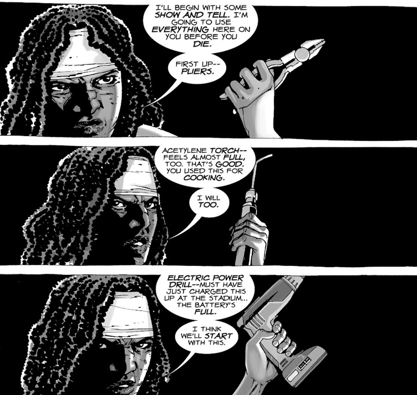 walking dead michonne tortures the governor