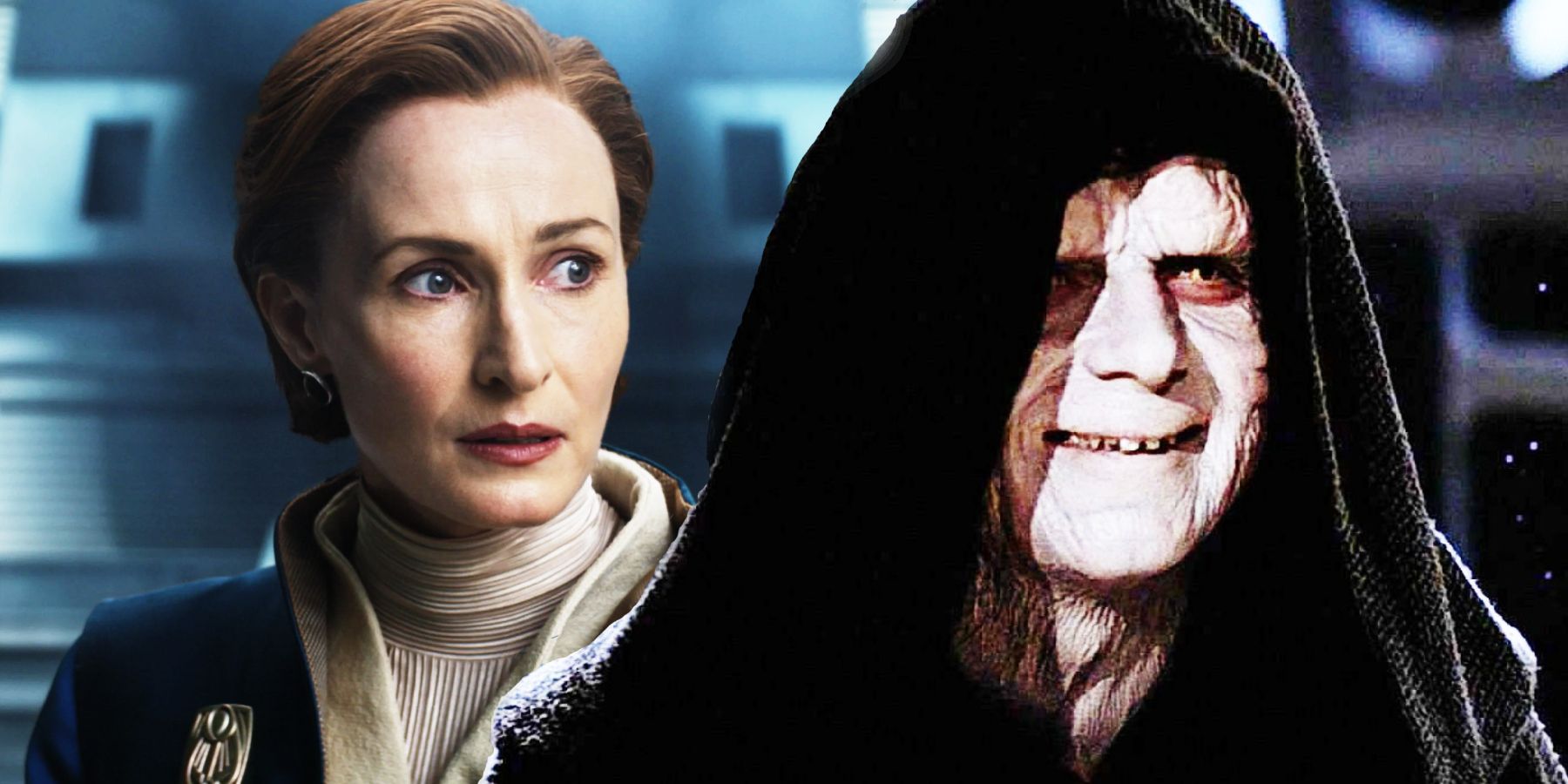 Genevieve O'Reilly as Mon Mothma in Andor and Ian McDiarmid as Palpatine in Star Wars