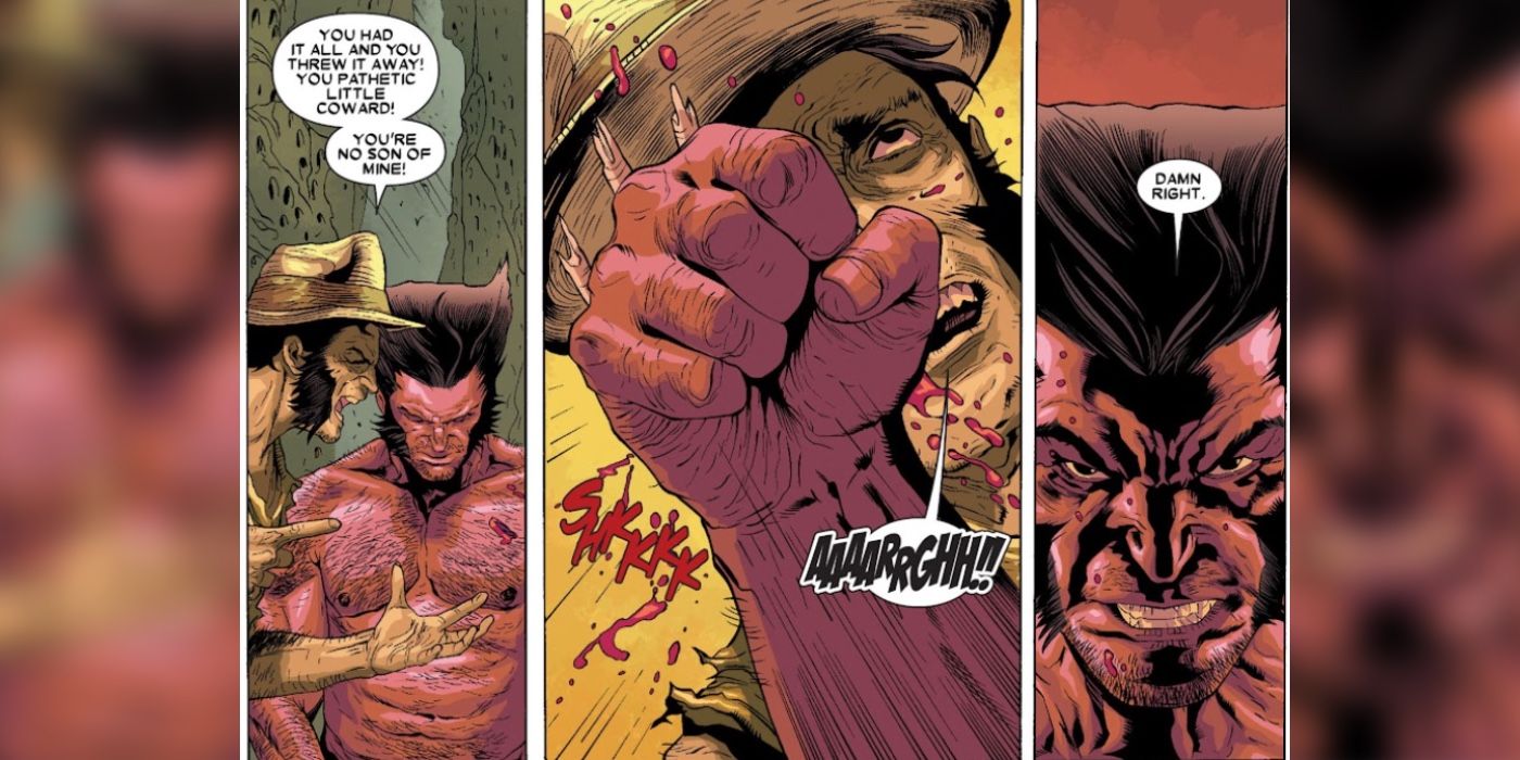 Wolverine punches his father in Hell with broken claws