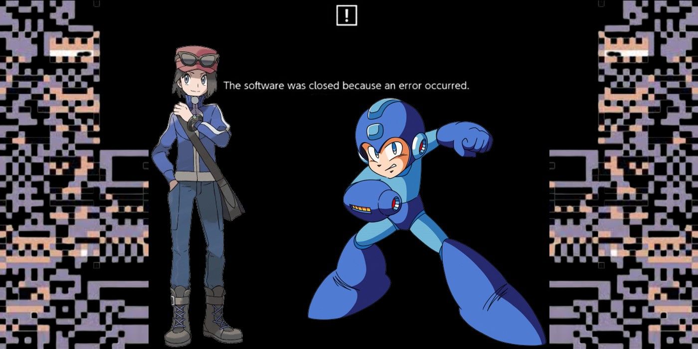 A Pokémon trainer and Mega Man in front of an error message.