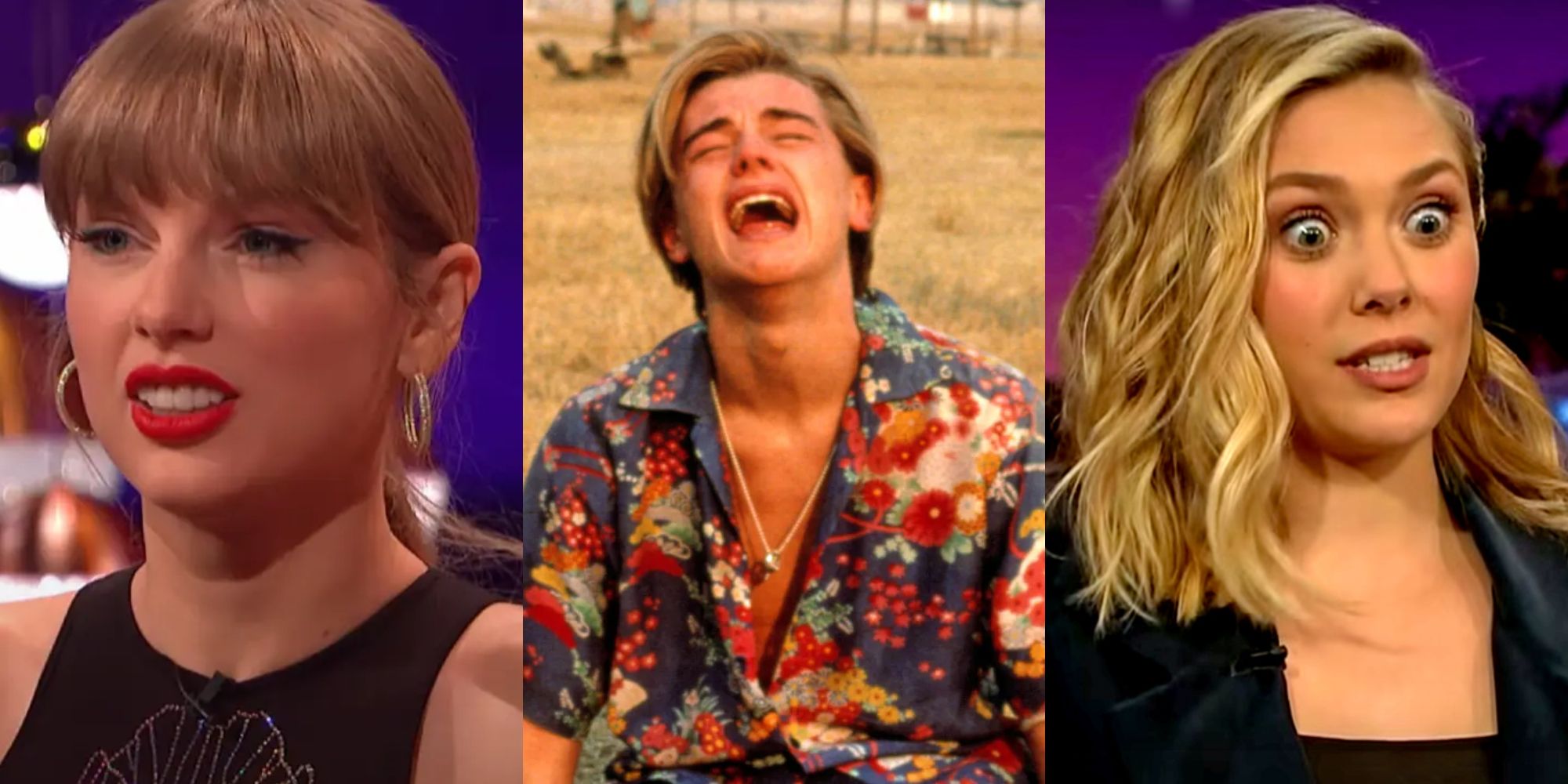 Reaction images of Taylor Swift, Leonardo DiCaprio, and Elizabeth Olsem