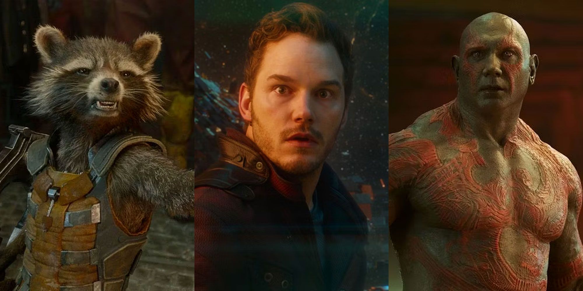 Split image of Rocket, Peter Quill and Drax in Guardians of the Galaxy