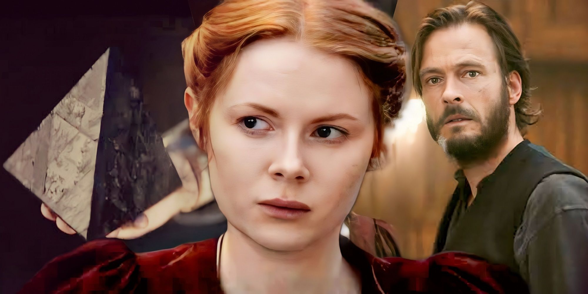 Emily Beecham as Maura and Andreas Pietschmann as Eyk looking sideways in 1899