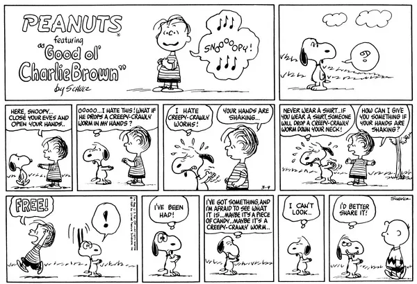 Uma tira multipainel do Sunday Peanuts retransmitindo uma pegadinha de Linus para Snoopy para Charlie Brown é mostrada.