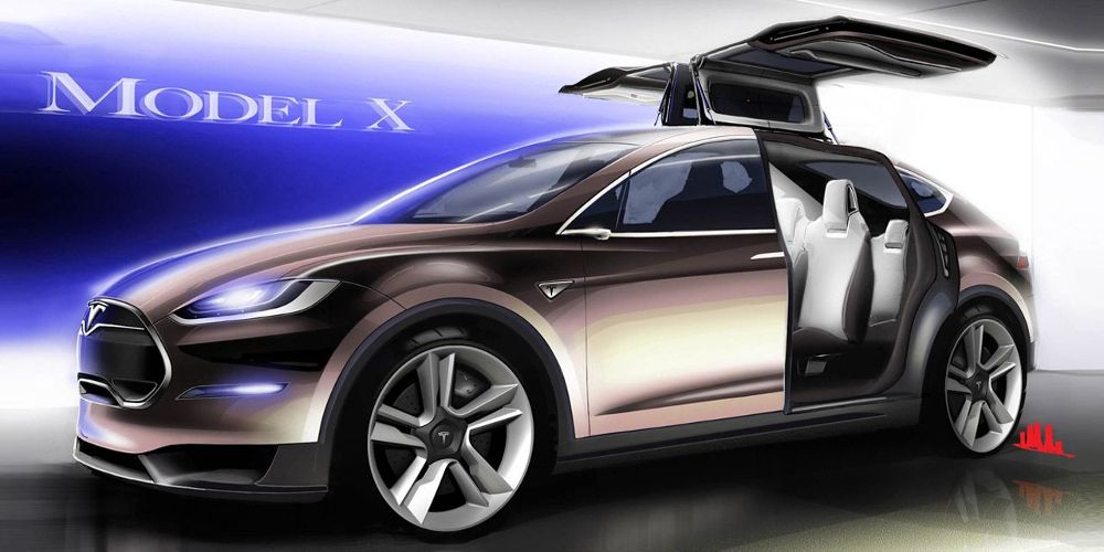 A Tesla Model X's falcon-wing doors are seen ajar