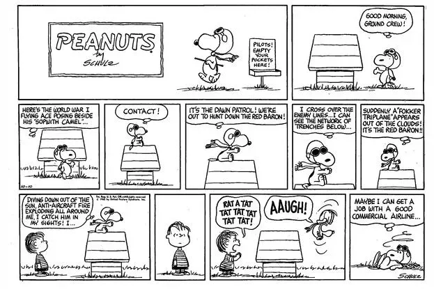 Strip Sunday Peanuts 10 panel dengan Linus dan Snoopy memainkan kejenakaan Red Baron ditampilkan.