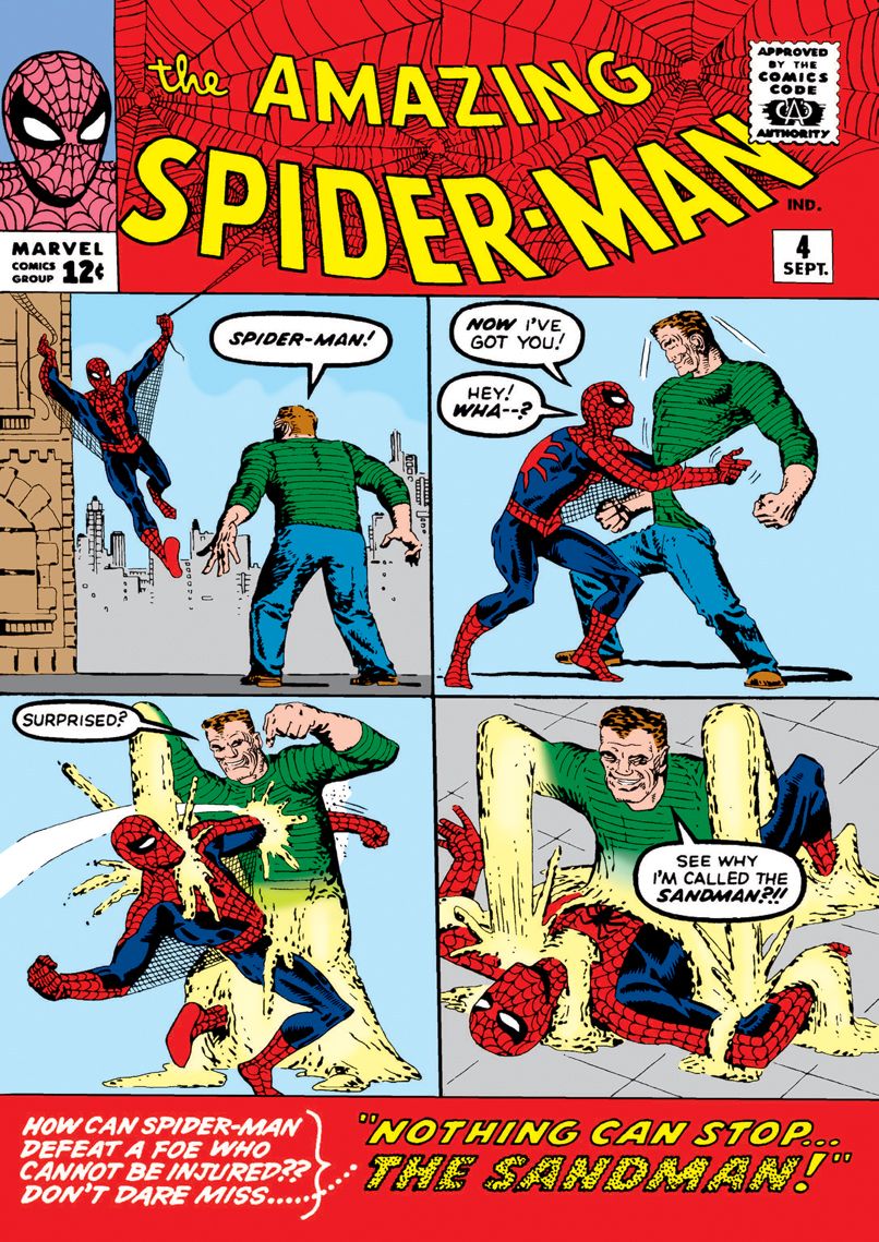 incrível capa do homem-aranha 4, quatro painéis do homem-aranha lutando com o homem-areia