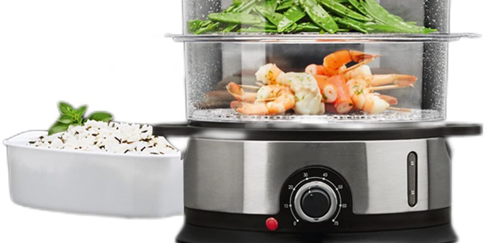 Cropped Multiple Tier Food Steamer with seafood and rice